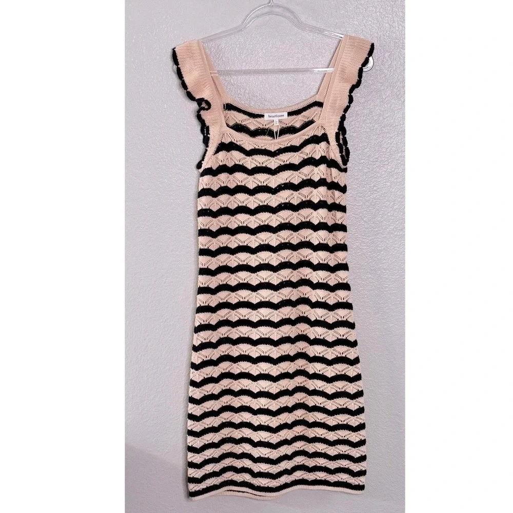 NWT Midi Dress Crochet Knit Chevron Ruffle Blush Cream Navy Nautical Soft Girl - Picture 3 of 11
